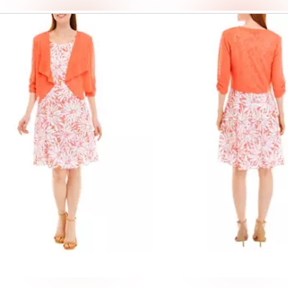 Perceptions Women's 3/4 Sleeve Printed Crochet Lace Jacket Dress